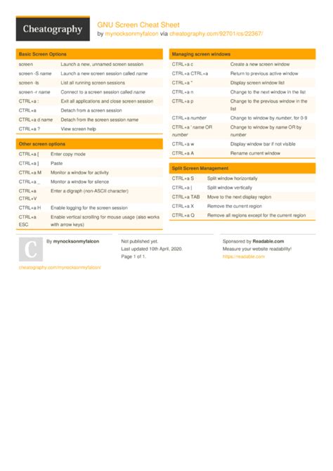 Gnu Screen Cheat Sheet By Mynocksonmyfalcon Download Free From