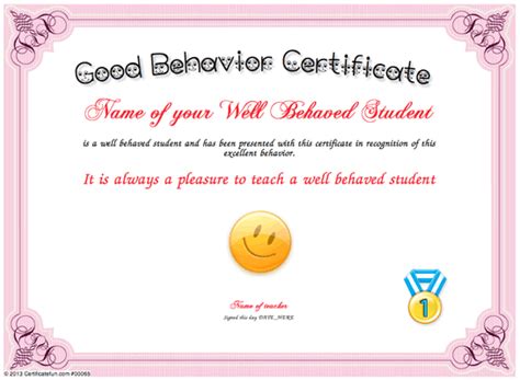 Good Behavior Certificate Student Certificates Happy Students Teachers