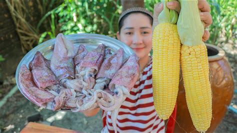 Tasty Squid Round Cooking Corn Cooking With Sros Youtube