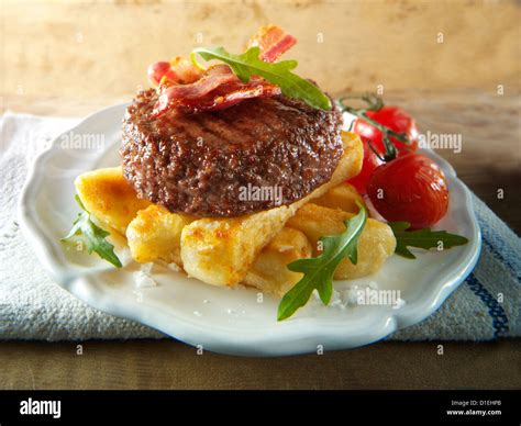 Char Grilled Beef Burger With Chunky Chips And Salad Photos Funky