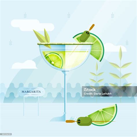 Vector Illustration Of Glass Of Margarita Cocktail With Lime Slice And