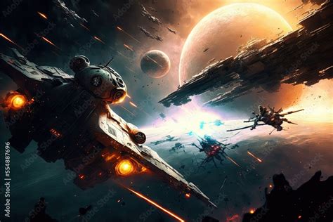 Sci-fi scene of space ships in battle,, battlecruisers and fight ships epic battle in space ...