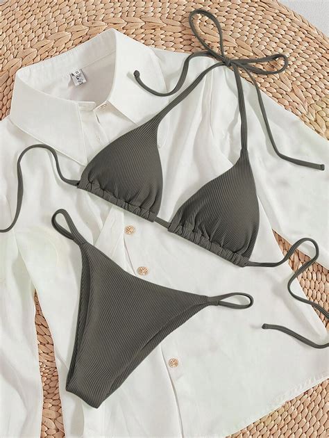 SHEIN Swim Conjunto de Bikini de triângulo alças de malha costela para praia de verão