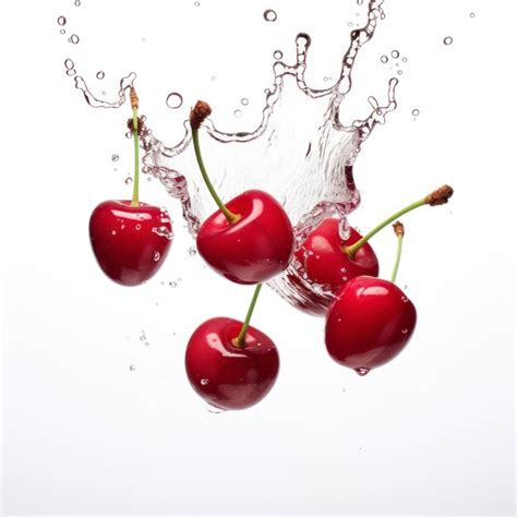 Premium AI Image | Floating juicy red cherries isolated on a white ...