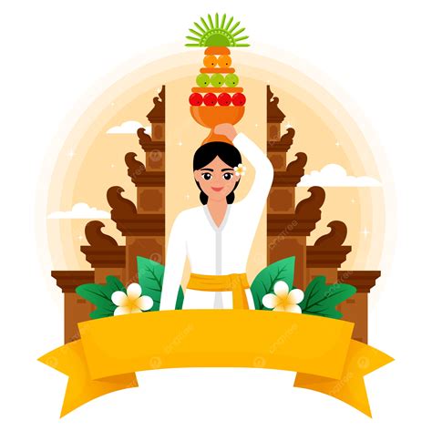 Balinese Woman With Temple For Galungan Kuningan And Nyepi Day Vector