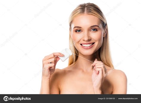 Smiling Naked Woman Holding Dental Floss Isolated White Stock Photo By Andrewlozovyi