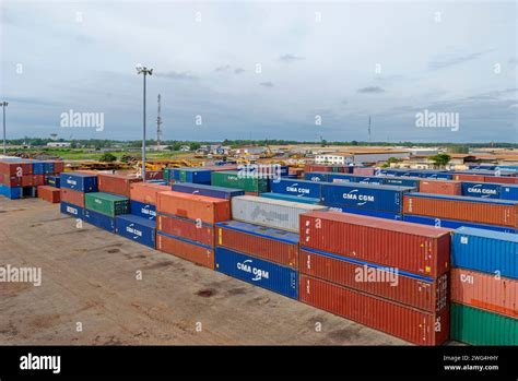 Stacked Containers On The Large Quay At Port Gentil Waiting To Be