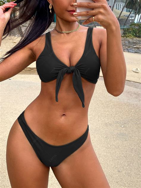 Off Scrunch Butt Knotted Thong Bikini In Black Zaful
