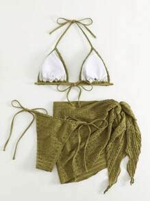 Swim Basics Summer Beach Smocked Halter Triangle Bikini Set With Beach Skirt SHEIN USA