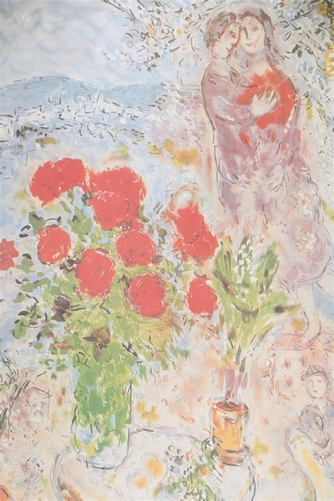 Offset Lithograph After Marc Chagall Red Bouquet With Lovers Ebth