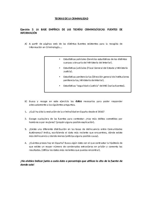 Ejercicio 2 Fuentes TEORIAS DE LA CRIMINALIDAD Ejercicio 2 LA BASE