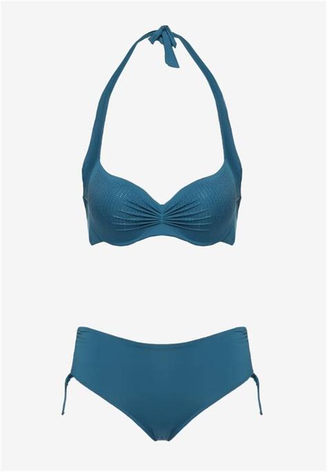 Ciemnozielony Dwuczęściowy Komplet Bikini Biustonosz Wiązany z Tyłu Majtki ze Ściągaczami