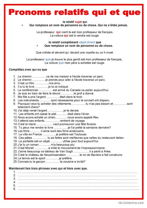 Pronoms Relatifs Qui Et Que Pratique Français Fle Fiches Pedagogiques Pdf And Doc