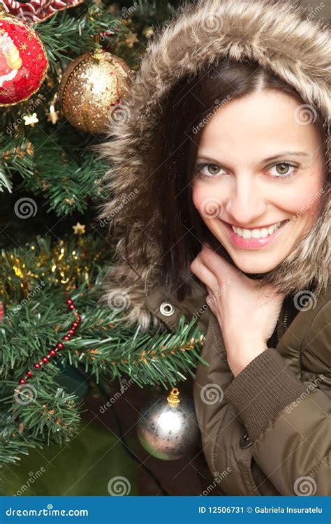 Beautiful Brunette By The Christmas Tree Stock Image Image Of