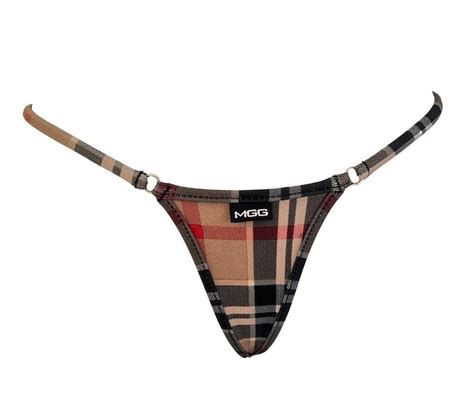 Tan Plaid Micro Thong Bikini String Swimwear Bottom Minimal Coverage Cheeky Thong Bikini