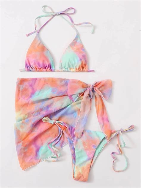 Womens 3 Piece Tie Dyed Bikini Suit Swimsuit With Gauze Cage Blouse