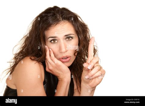 Pretty Woman With Wild Brunette Hair On White Background Stock Photo Alamy