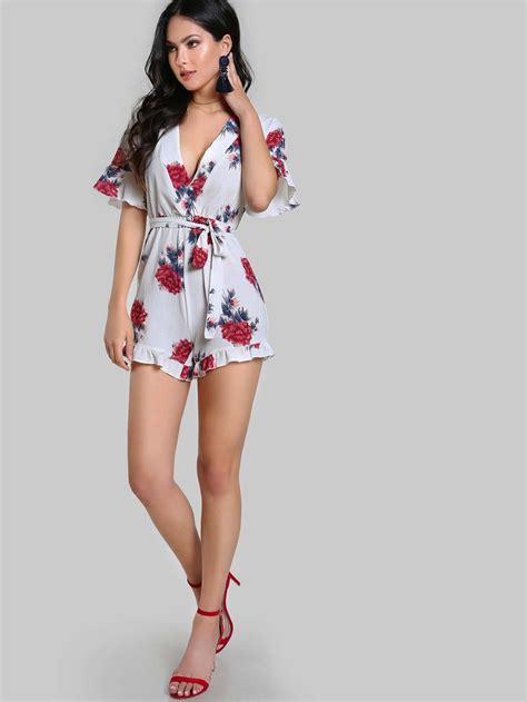 Bell Sleeve Surplice Wrap Frilled Botanical Romper Shein Sheinside