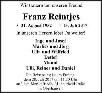 Traueranzeigen Von Franz Reintjes Trauer In Nrw De