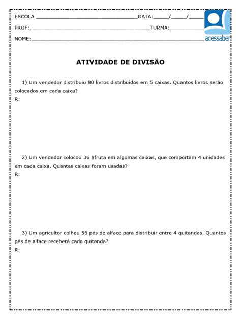 Divisao Exata 3 Ano - Atividade de Matematica Divisao Exata 3 Ano | PDF