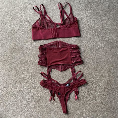 3 Piece Burgundy Lace Lingerie Set From Ann Depop