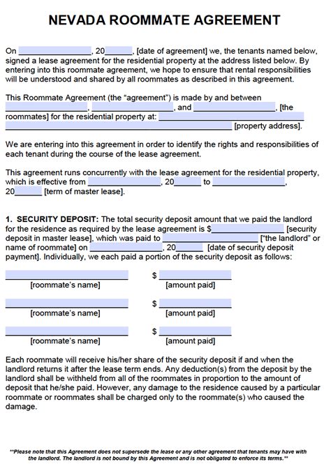 Free Nevada Roommate Agreement Template – PDF – Word