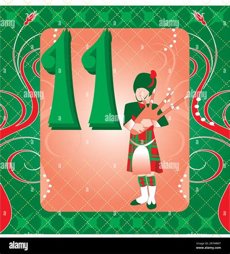 Vector Illustration Card For The 12 Days Of Christmas Eleven Pipers