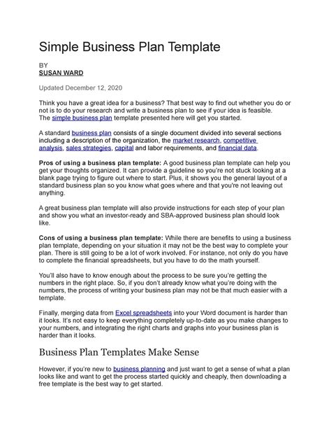 Business Plan Template Simple Business Plan Template By Susan Ward