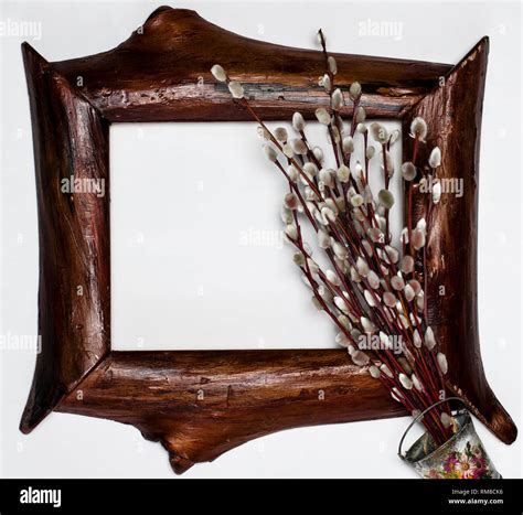 Easter Pussy Willow And Easter Egg On Wooden Background Happy Easter Card With Happy Easter