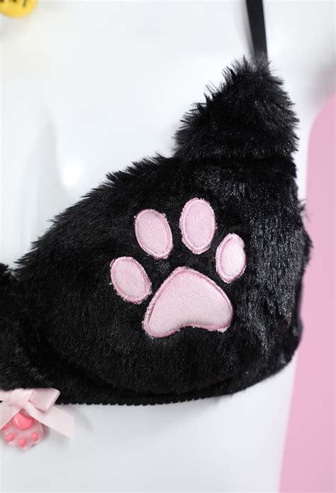 Women Kawaii Homewear Sexy Lingerie Set Plush Cat Paw Three Point Top And Panty With Skirt
