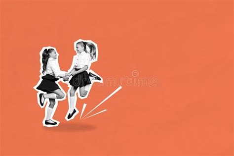 Composite Photo Collage Of Happy Blonde Brunette Schoolgirls Jump Education Wear Uniform