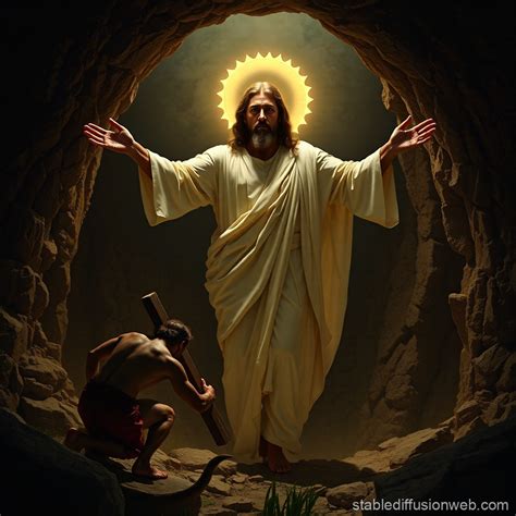 Jesus Christ Resurrected Surmounting Defeated Satan Stable Diffusion