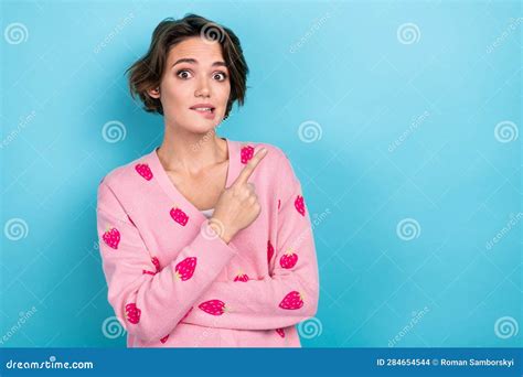 Photo Of Worried Nervous Pretty Girl Wear Stylish Outfit Biting Lips