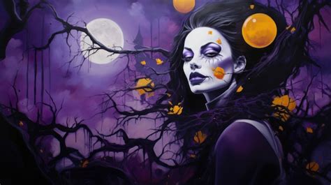 Premium AI Image | Spooky Halloween card Purple witch in white makeup