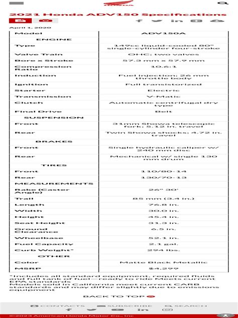 2021 Honda ADV150 Specifications | PDF | Automotive Technologies ...