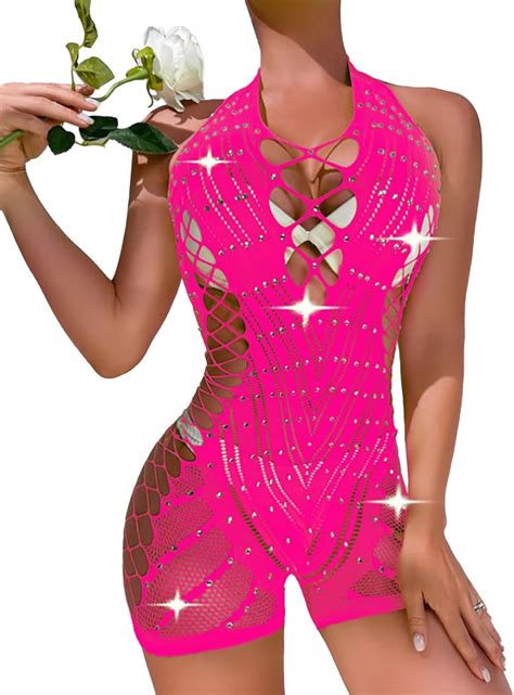 Amazon CHICTRY Womens Lingerie Fishnet Hollow Out Bodysuit Sparkly Rhinestones Shorts