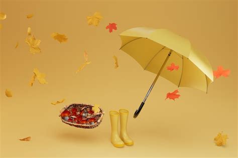 Premium Photo | Rainy autumn. mushroom basket. umbrella and yellow ...