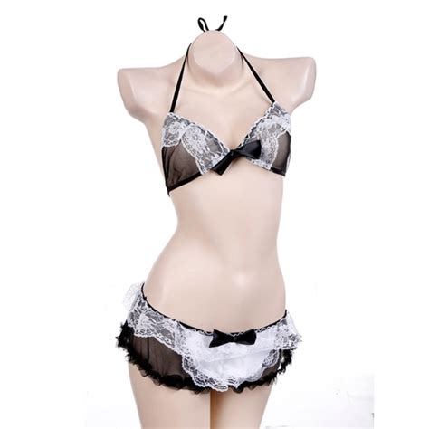 Women Sexy V Neck Halter Bra Lace Bow Decor G String Skirt Hair Clasp Maidservant Lingerie Set N