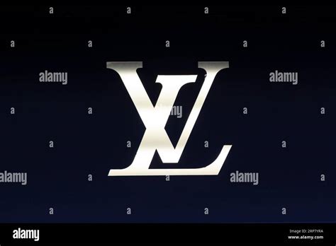 Close-up, logo of the French luxury fashion brand Louis Vuitton on a ...