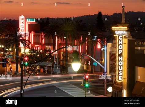 Brea, California, USA - June 2, 2021: Sunset descends over the popular