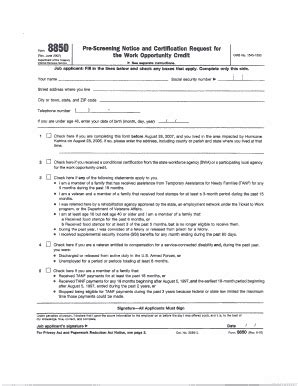 Fillable Online Form 8850 Pre Screening Notice And Certification