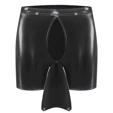 Syhzlz Men Sexy Open Crotch Shiny Leather Short Pants Button Crotchless