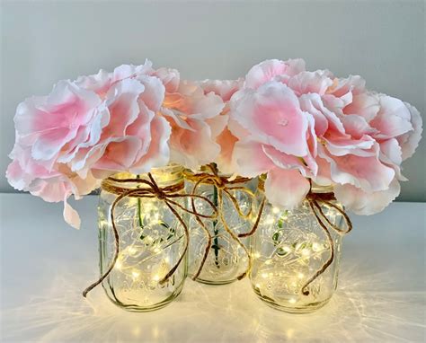 Mason Jars With Lights And Flowers Mason Jar Center Pieces Etsy