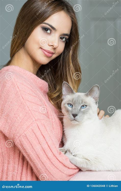 Gorgeous Brunette Loving Her Cat Stock Photo Image Of Domestic Female