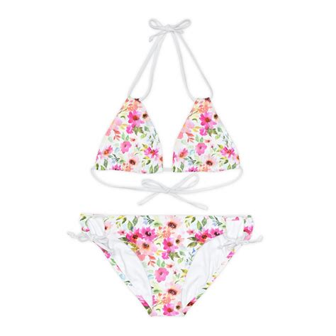 Floral Strappy Bikini Set Watercolor Flowers Designer Swimming Suit Pink Green White Triangle
