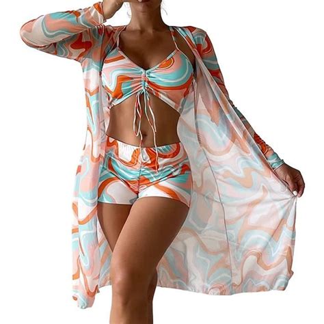 Maillot de Bain Femme Imprimé Bikini Shorty Veste Taille Haute Orange Orange Cdiscount