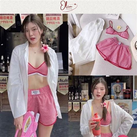 Set Bikini Caro Đỏ Tone Màu Xinh Xắn Diện Đi Chơi Đi Biển Không Kèm Áo Sơmi Shopee Việt Nam