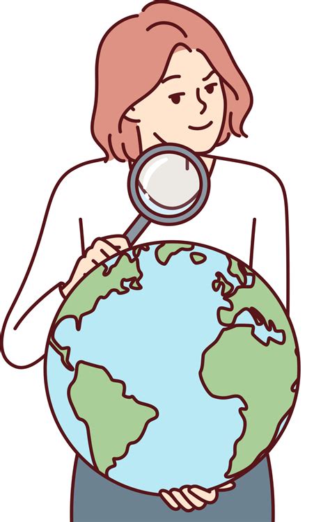 Woman with magnifying glass holds globe studying geography or choosing
