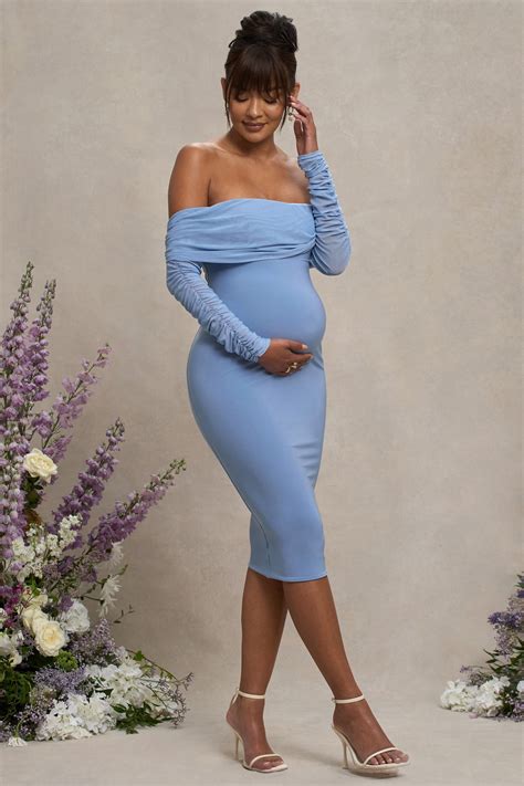 Patiently Waiting Powder Blue Maternity Ruched Mesh Bardot Midi Dres