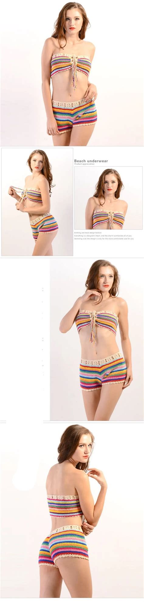 Colorful Stripes Bathing Suit Sexy Biquini Womens Handmade Crochet Knit Bikini Set Swimwear Set